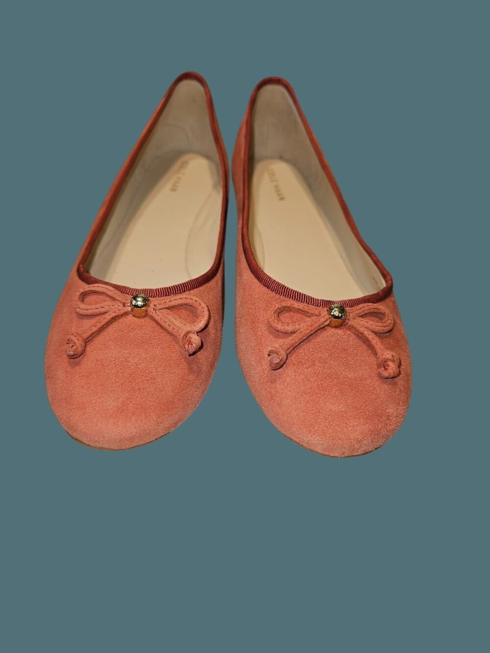Cole Haan Suede Blush Pinkish Red Balletcore Bow Feminine Slip on Flats Women 9B